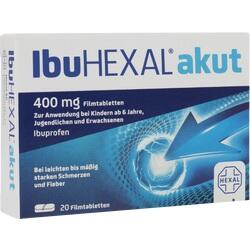 Packung von IbuHEXAL akut 400 mg Tabletten gegen Schmerzen und Fieber.