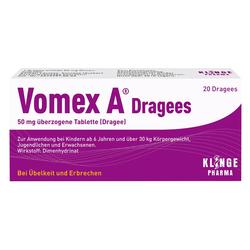 Packung von Vomex A Dragees zur Behandlung von Übelkeit bei Kindern und Erwachsenen.