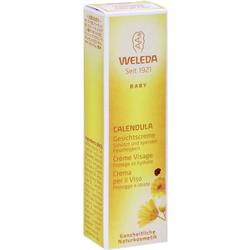 Gelbe Verpackung einer Baby-Gesichtscreme mit Calendula von Weleda.