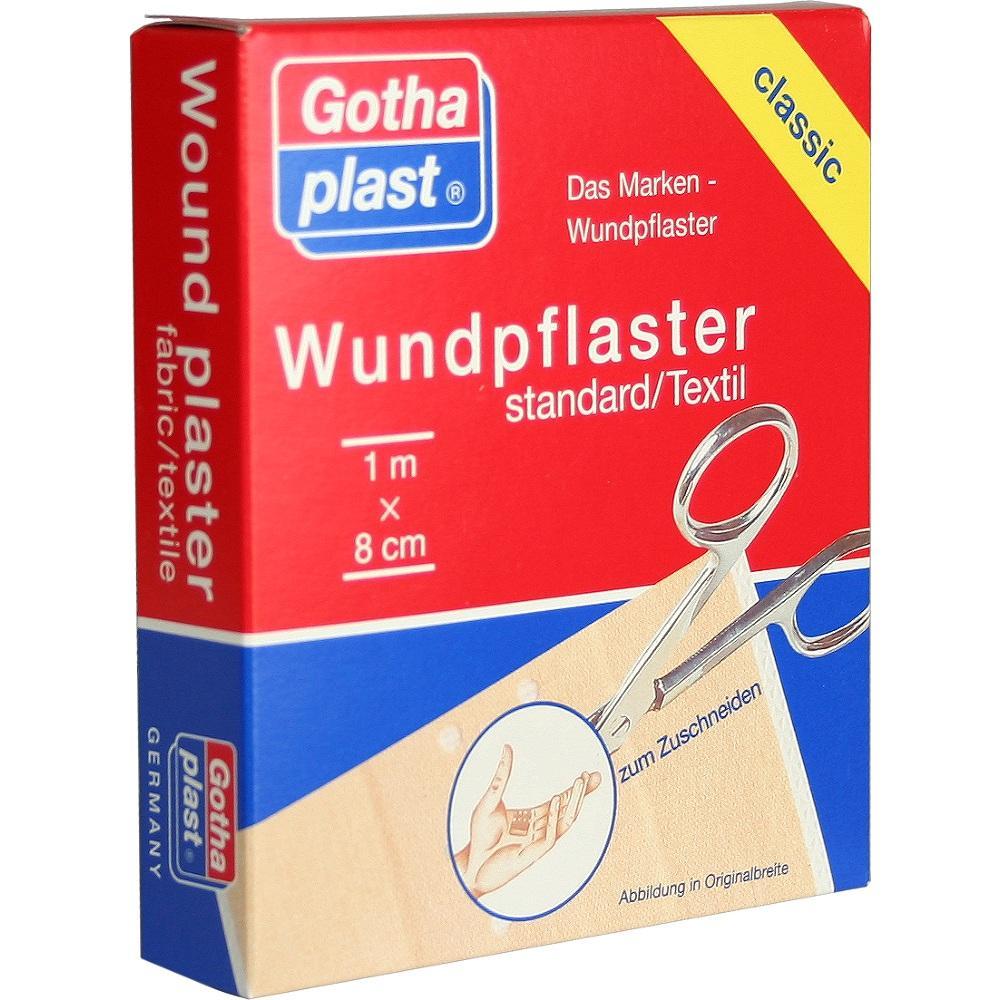 Verpackung eines Wundpflasters mit Schere und Handabbildung.