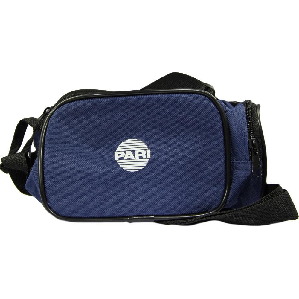 Blaue Tasche mit schwarzem Reißverschluss und einem weißen Logo darauf.