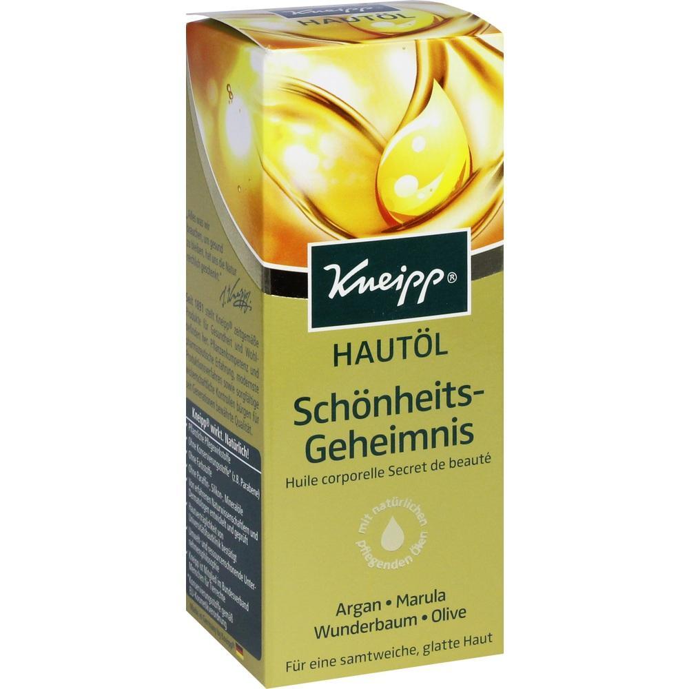 Gelbe Verpackung eines Hautöls mit der Aufschrift "Schönheits-Geheimnis" von Kneipp.