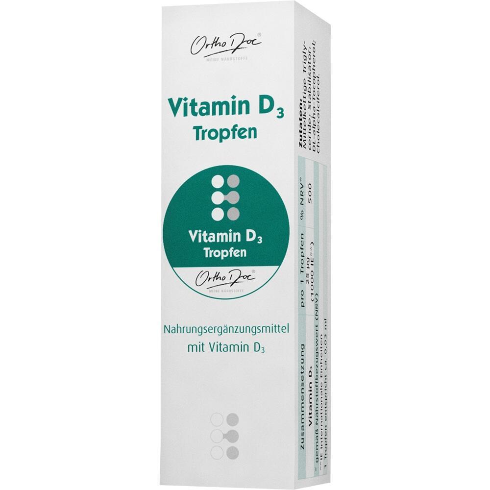 Eine Schachtel Vitamin D3-Tropfen als Nahrungsergänzungsmittel.